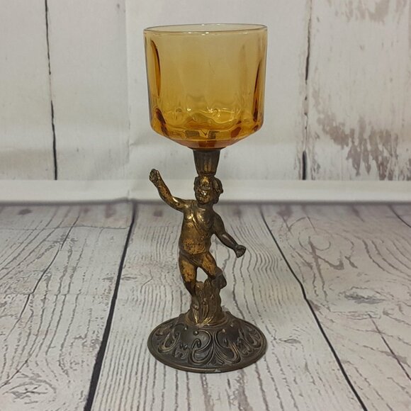 Putti Cherub Angel Votive Candle Holder Cast Metal Amber Glass Bowl 8" - Picture 1 of 13